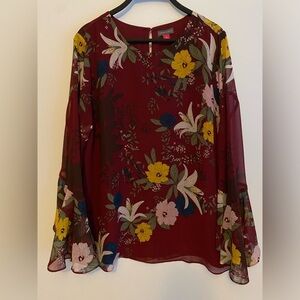 Women's Red Floral Sheer Bell Sleeve Blouse M‎ Fairy Boho Garden